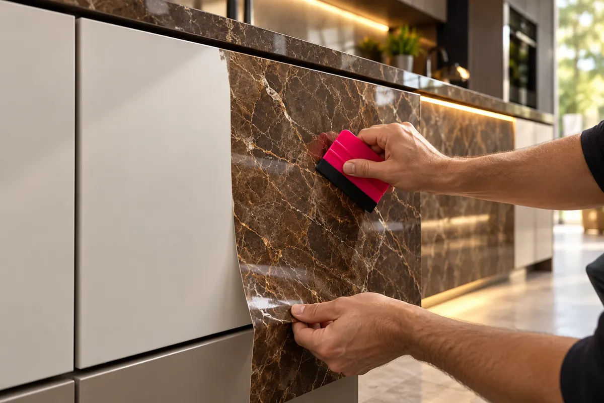 Envelopamento de porta de armário com vinil efeito mármore